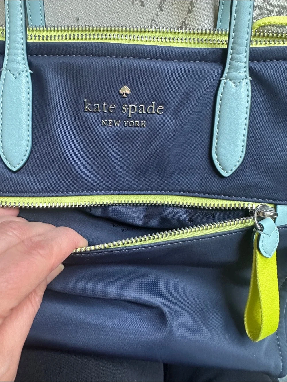 kate spade Navy Shoulder Tote with Mint Handles and Yellow Trim